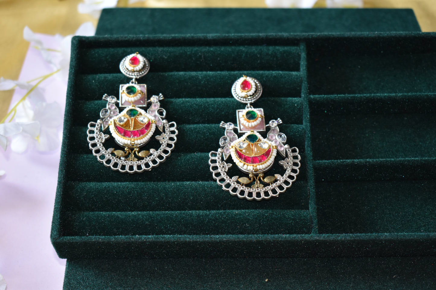 Anvitha Peacock Royal Pacchi Kundan Fusion Earrings in German Silver | Luxe | Kundan Jewellery India | Premium Indian Jewellery