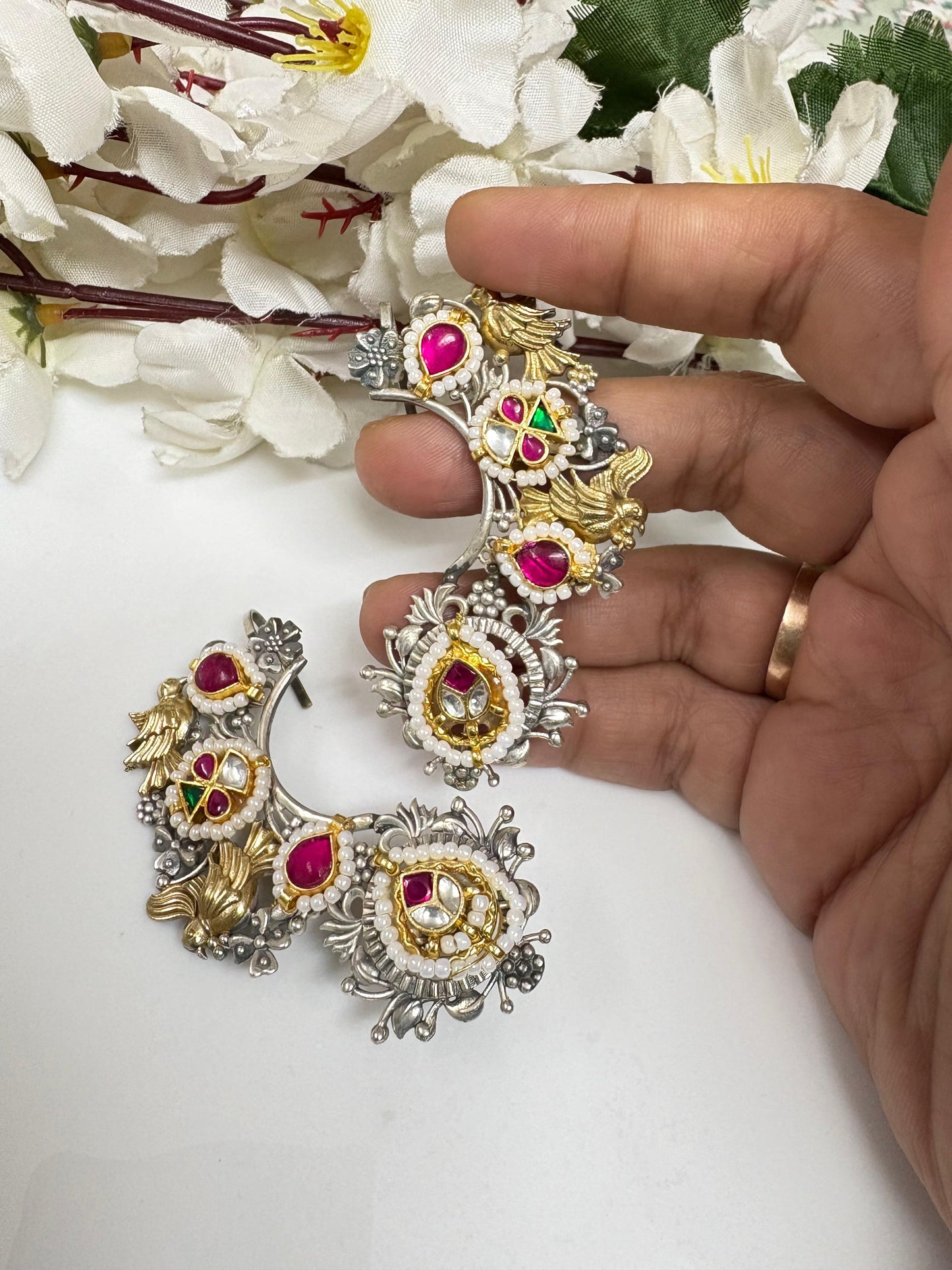 Dual Tone Kundan Fusion Silver Lookalike Earcuffs by Alankrent