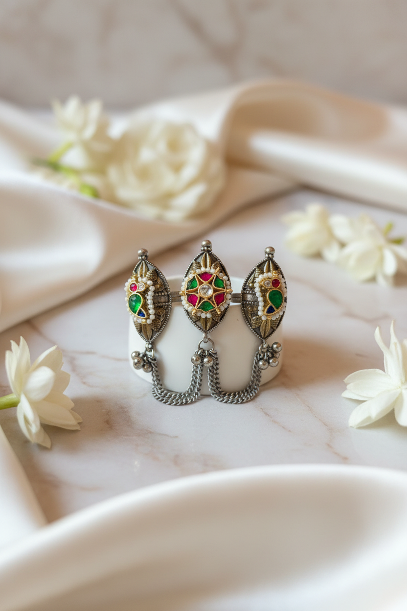 Rajwadi Trinetra Triple Finger Ring | Dual-Tone Kundan Statement Hand Jewellery