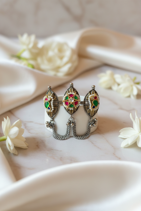 Rajwadi Trinetra Triple Finger Ring | Dual-Tone Kundan Statement Hand Jewellery