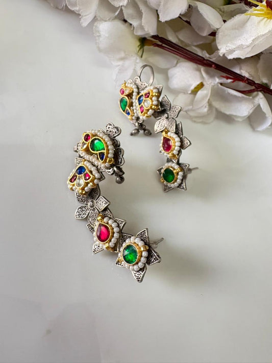 Kundan Fusion Silver look a like Dualtone Earcuffs
