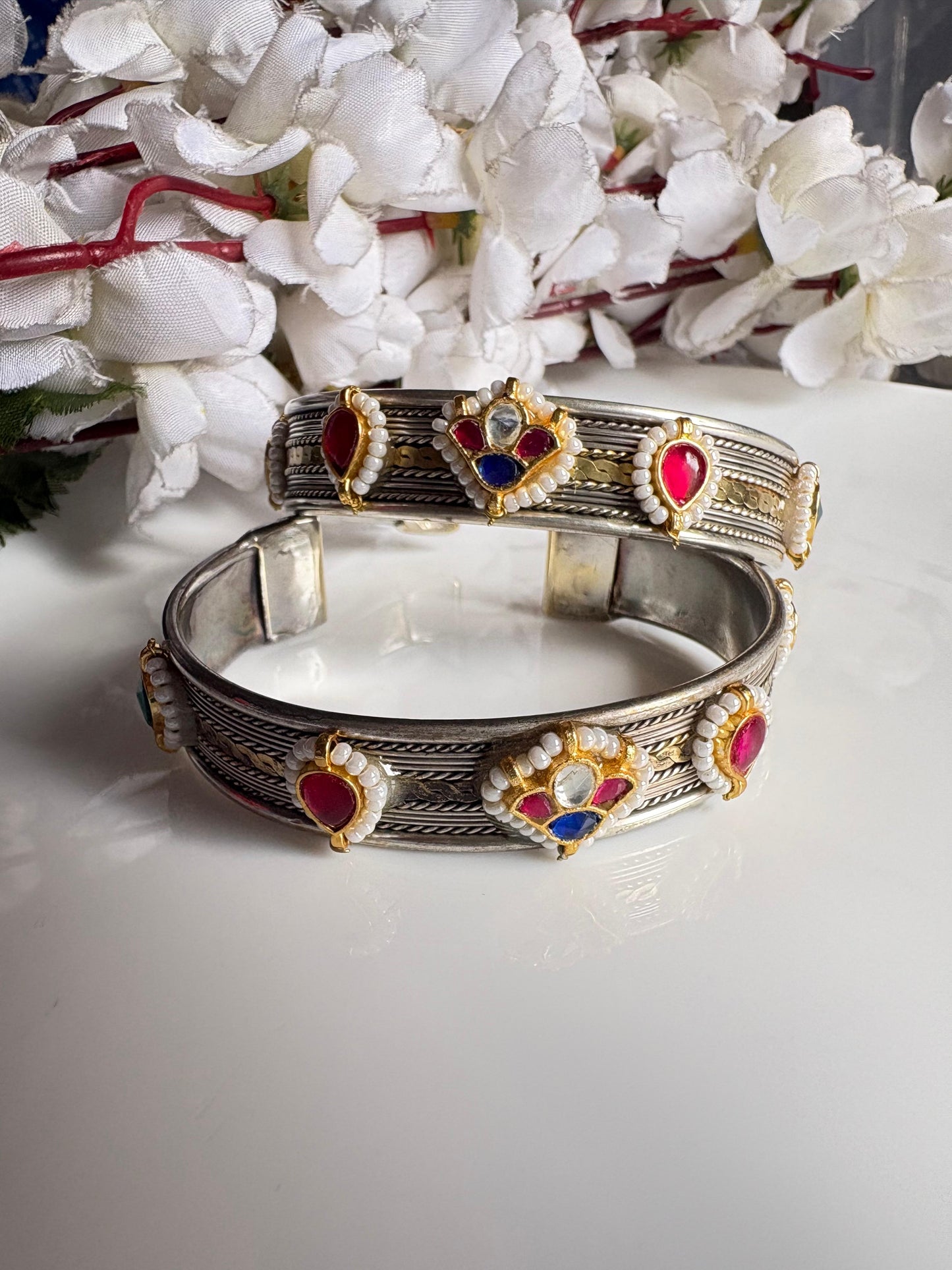 Rajvika Premium Kundan Fusion Dual Tone German Silver Flexible Handcuff Kada(Pair) | Brass Based Adjustable Cuff Bracelet for Women