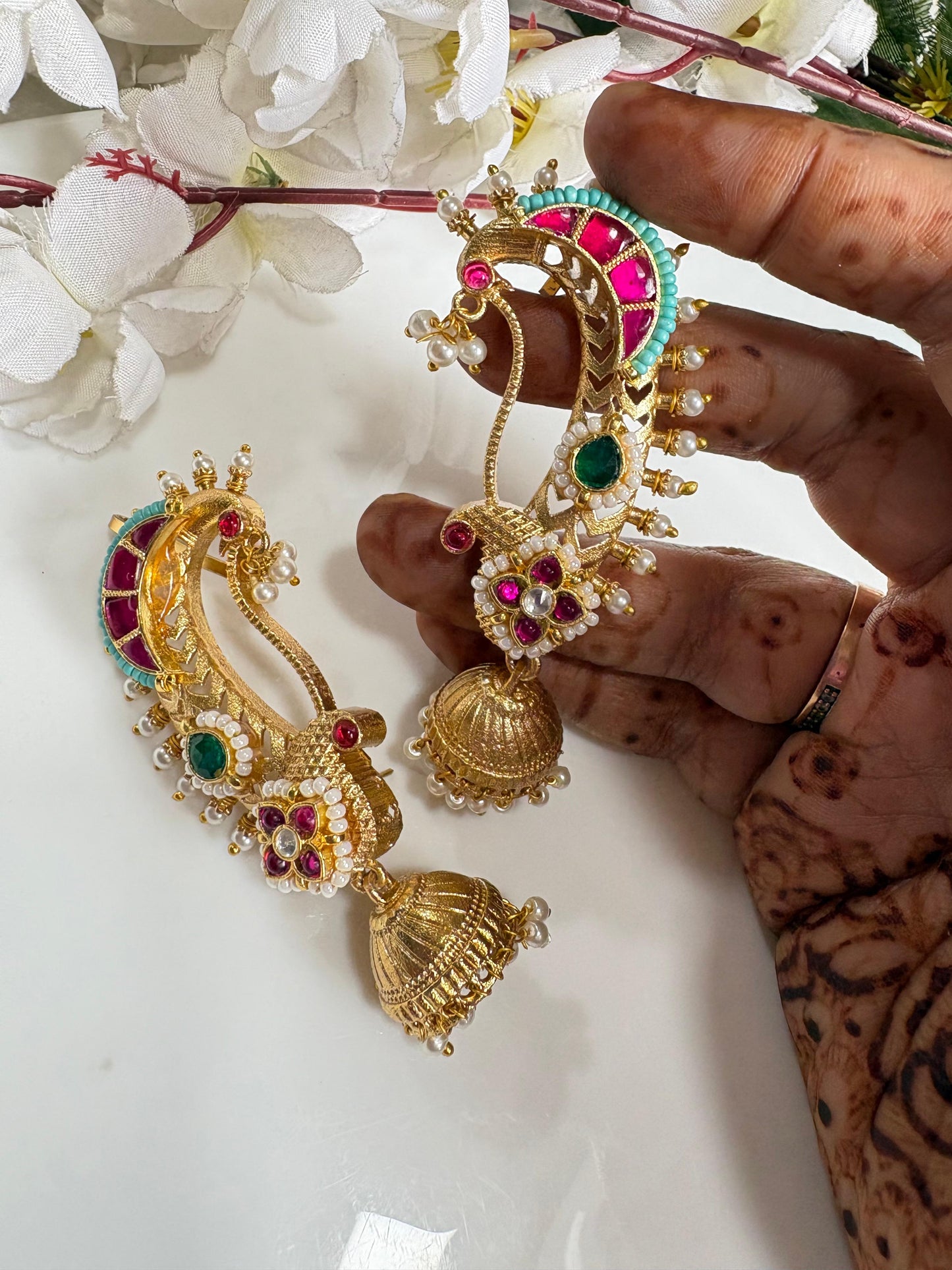 Temple Peacock Kundan Ear Cuffs with Gold Polish & Engraved Jhumka | Bridal Statement Earrings | Alankrent Luxe