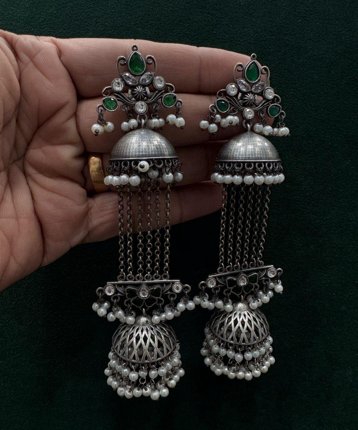 Minara Oxidized Silver Jhumka With Stone Pearl Drops by Alankrent