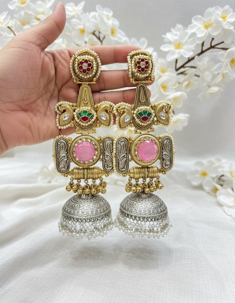Royal Dual-Tone Temple Jhumka Collection | Antique Gold–Silver Heritage Earrings