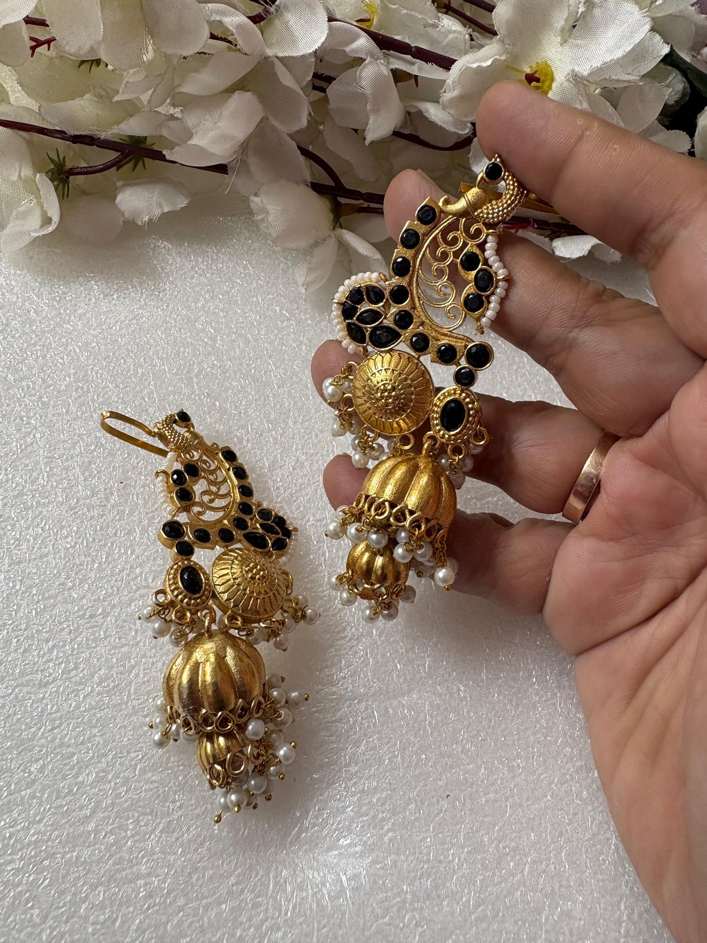 Mayura Ratnavalli Heritage Ear Cuffs
|Temple Gold Long Designer Jhumka Ear Cuffs with Intricate Filigree & Pearl Drops