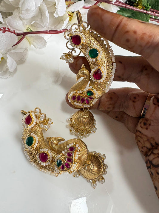 Temple Peacock Kundan Ear Cuffs with Gold Polish & Pearl Jhumka | Bridal Statement Earrings | Alankrent Luxe