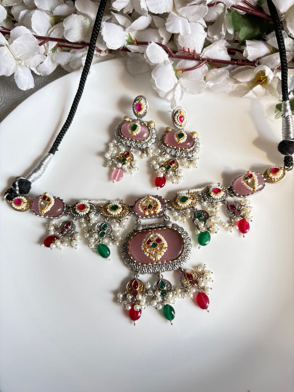 Gulabi Noor Dualtone Kundan Fusion Necklace Set – Statement Ethnic Jewellery by Alankrent