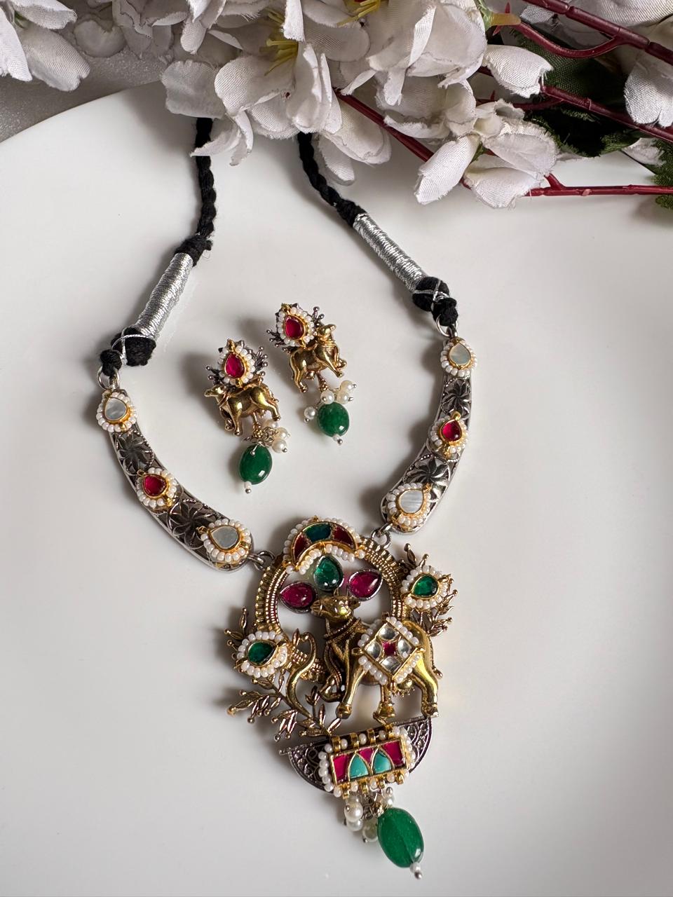 Gopika Nandi Thread SLA Long Necklace Set with Earrings | Kundan Fusion Antique Dual Tone Necklace