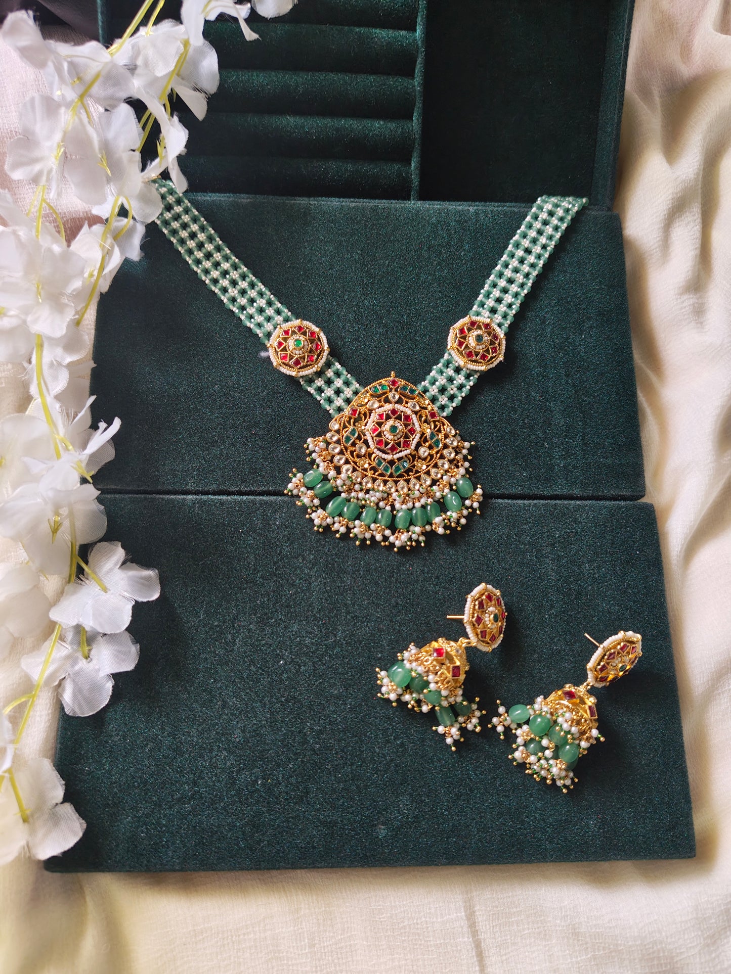 Aarunya Polki Kundan Pearl Choker Set | Green Beaded Bridal Necklace with Jhumka Earrings