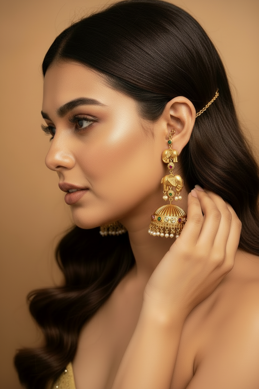 Gold Matt Kaan Chain Long Earrings with Jhumka – Temple Style Jewellery – Handcrafted Indian Kundan Jewellery | Premium Statement Necklace Set Online