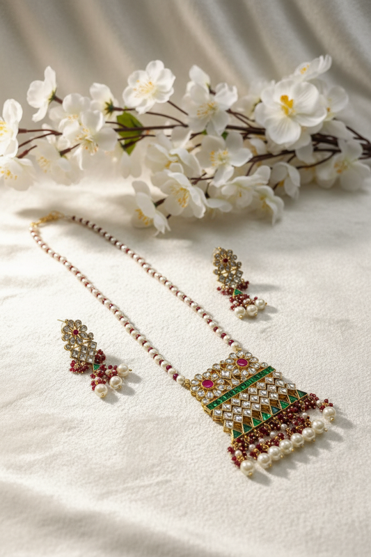 Pearl & Ruby Pacchi Kundan Long Necklace Set with Statement Pendant & Earrings | Alankrent