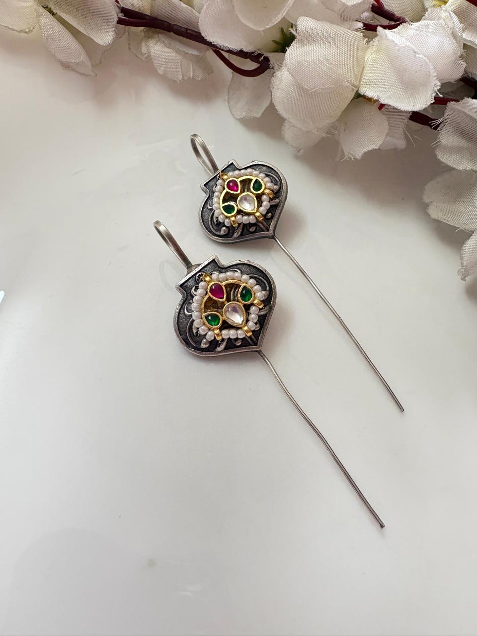 SLA Silver Needle Ear Cuffs with Kundan Fusion | Minimal Heritage Statement Earrings | Alankrent Luxe