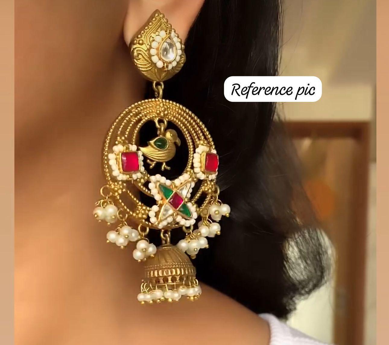 Royal Peacock Kundan Pearl Jhumka Earrings Antique Gold Finish by Alankrent