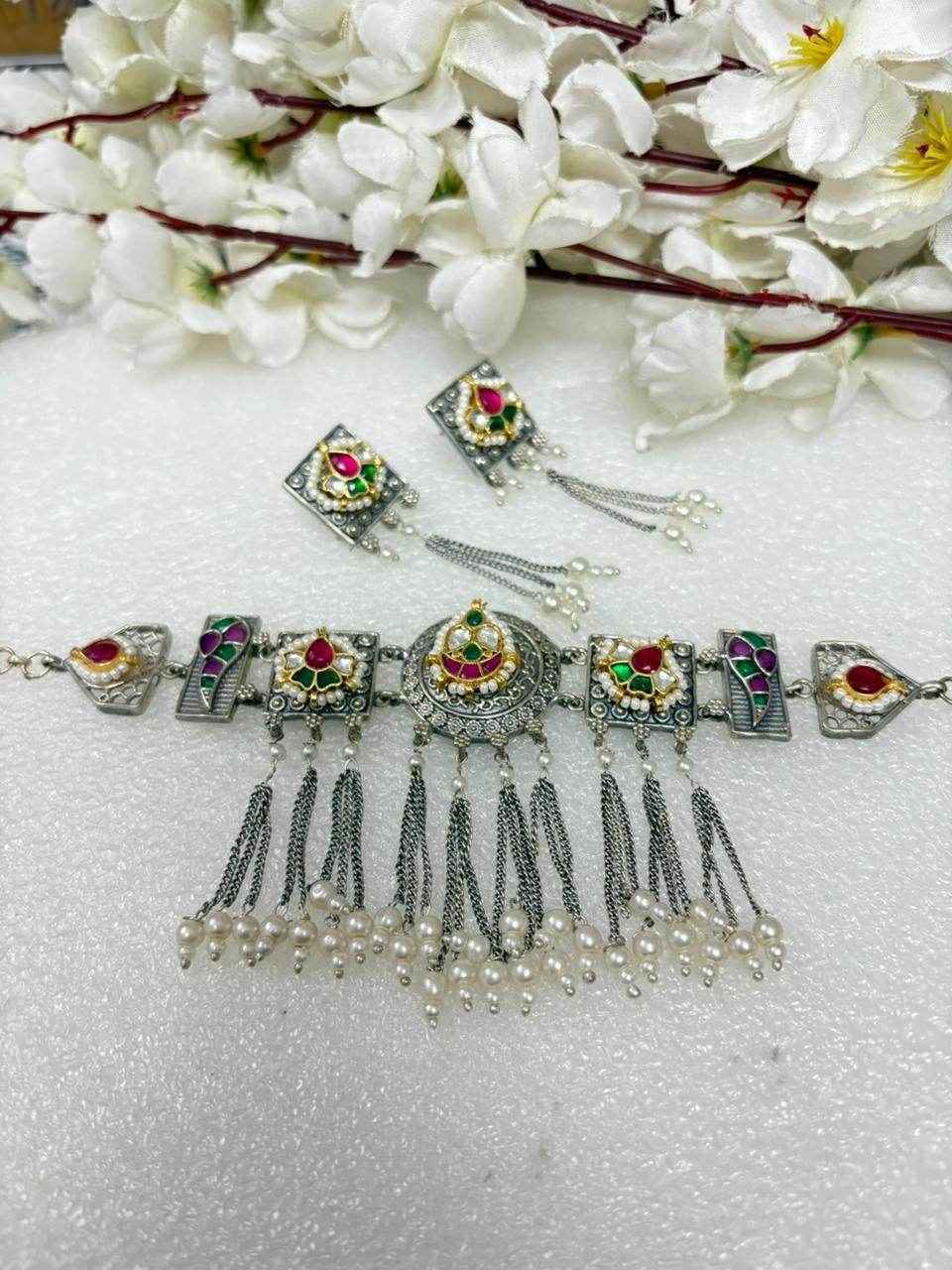 German Silver Choker Necklace With Stone Pearl Drops Bohemian Style Ready Stock Jewelry Set