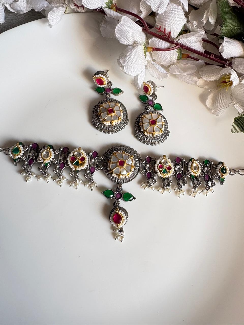 Navratna Roopantar Kundan Necklace Set – Limited Edition Brass Jewellery by Alankrent