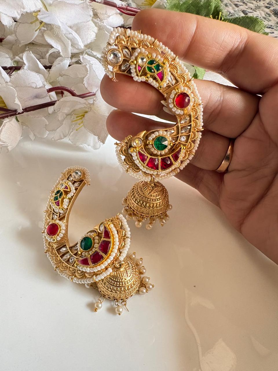 Gold Temple Kundan Ear Cuffs with Pearl Border & Dome Jhumka | Bridal Statement Earrings | Alankrent Luxe