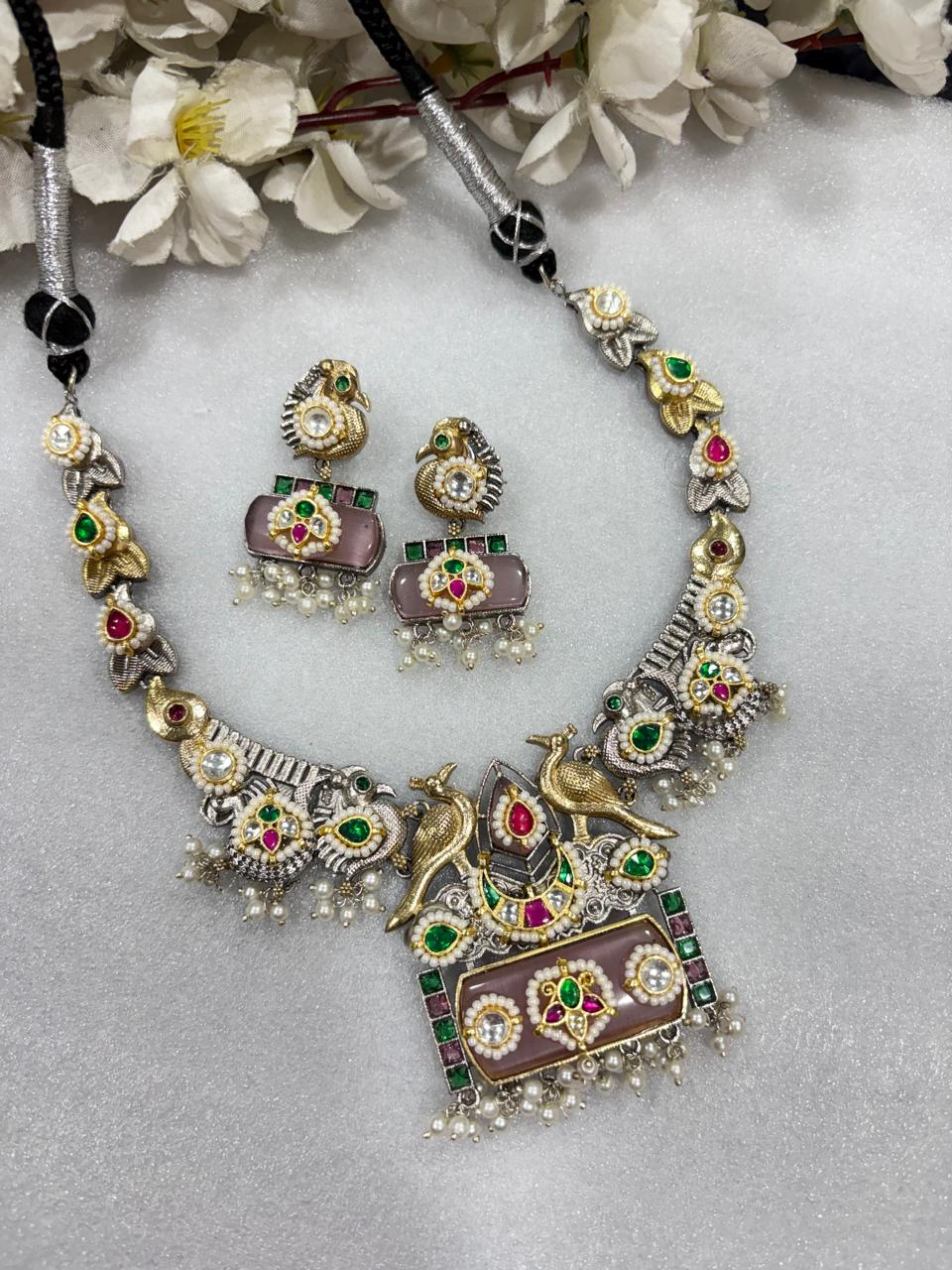 New Arrival SLA Kundan Necklace with Pink Stone Earrings Festive Jewellery Handcrafted Indian Kundan Jewellery | Premium Statement Necklace Set Online by Alankrent