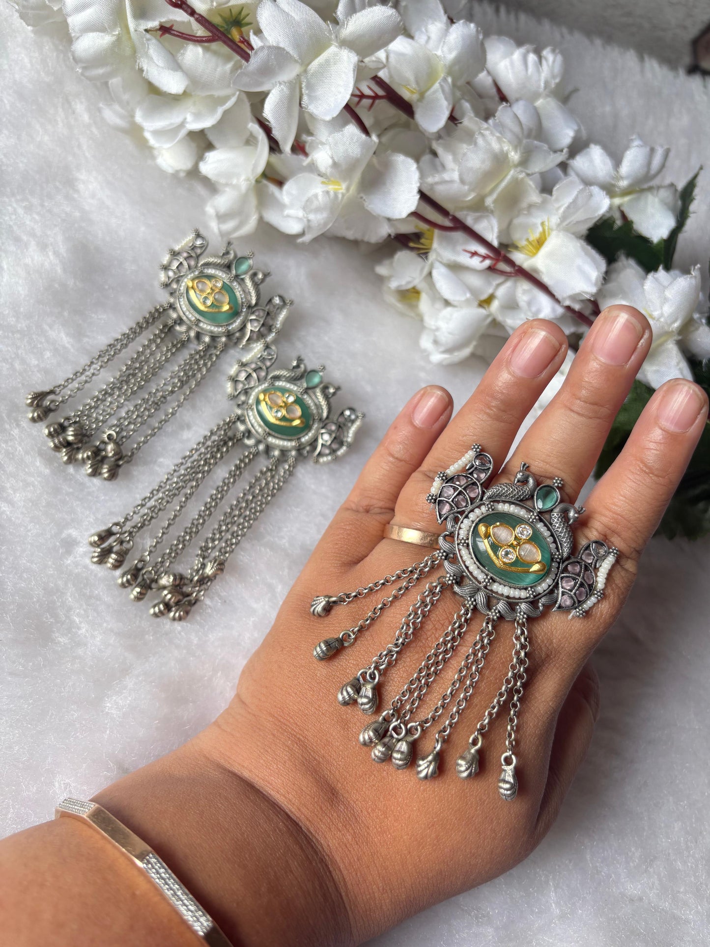 Mayur Varnika Dual Tone SLA Peacock Ring & Statement Earrings Combo | Temple Inspired Oxidised Silver Jewellery | Alankrent