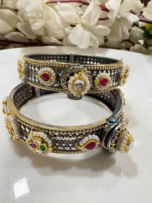 Rajpriya Kundan Fusion Dual Tone Premium SLA Openable Kada – Brass Ethnic Designer Bangle for Women | 2.6 Size