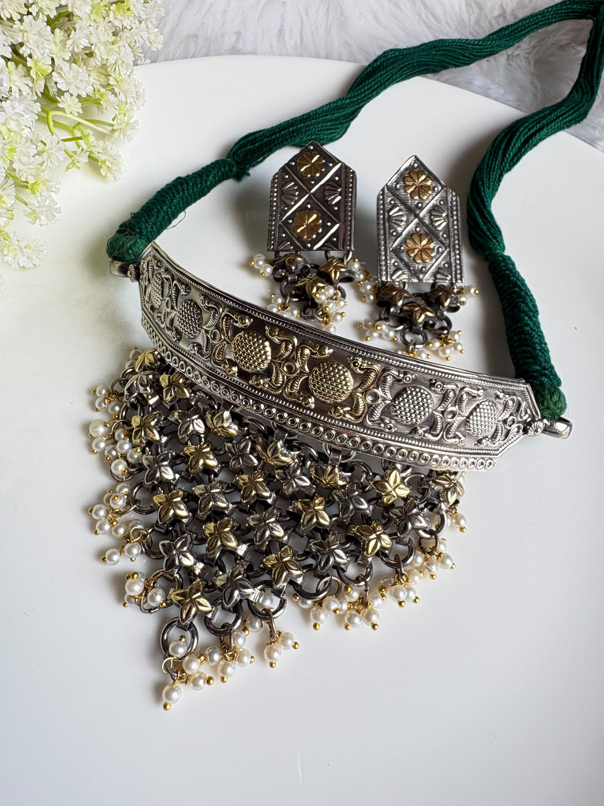 Rajsi Gulbahar Premium Dualtone Handmade SLA Thread Hasli with Pearl Detailing & Earrings | Navratri Jewellery