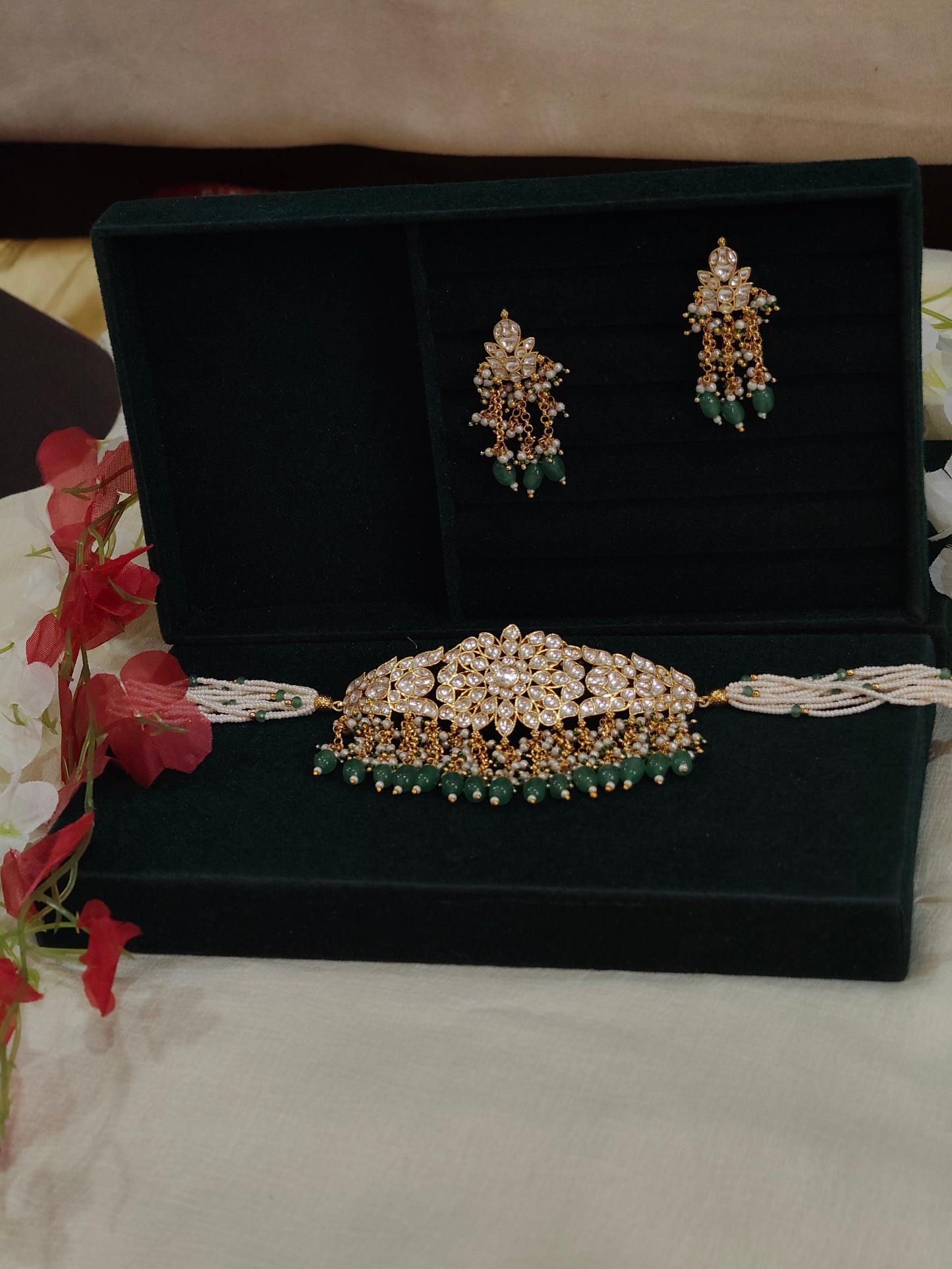 Noorika Polki Pearl Beads Choker Set with Green Bead Drops & Matching Earrings | Bridal Choker Necklace
