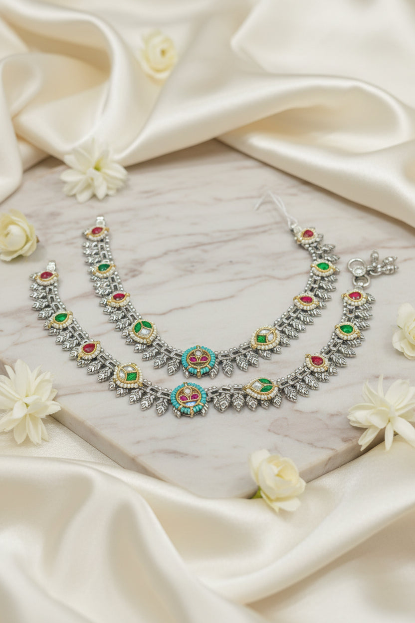Vanya German Silver Kundan Leaf Payal | Traditional Anklet for Women