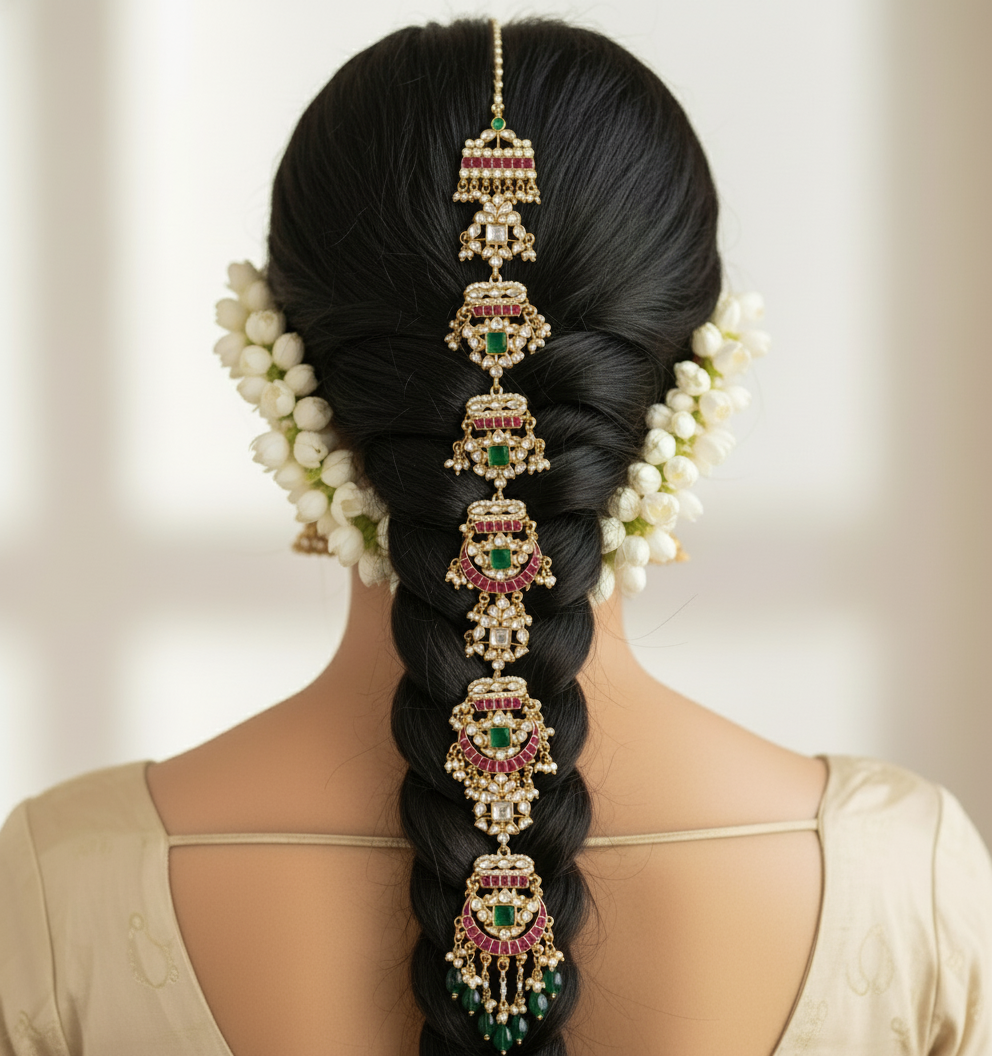 Royal Emerald Ruby Kundan Hair Braid Accessory | Bridal Juda & Braid Jewellery