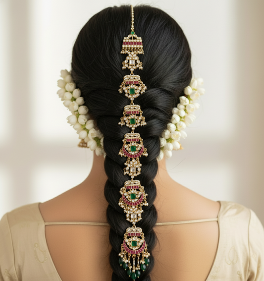 Royal Emerald Ruby Kundan Hair Braid Accessory | Bridal Juda & Braid Jewellery