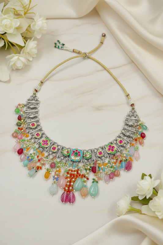 Rangriti German Silver Choker Necklace with Colourful Beads – Handmade Traditional Statement Jewellery for Women