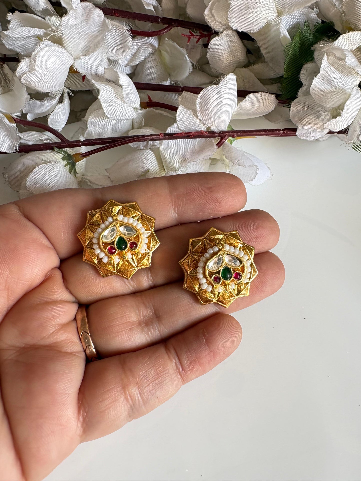 Suramya Pushpa Gold Matt Kundan Stud Earrings with Pearl & Green Ruby Accents | Budget Friendly Ethnic Jewellery | Alankrent