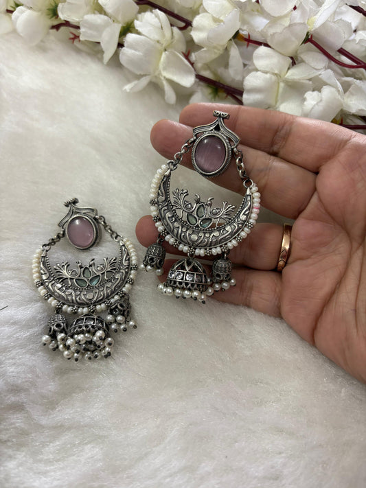Sla Look Oxidized Chandbali Jhumka Earrings With Pearl Drops Handcrafted Ethnic Statement