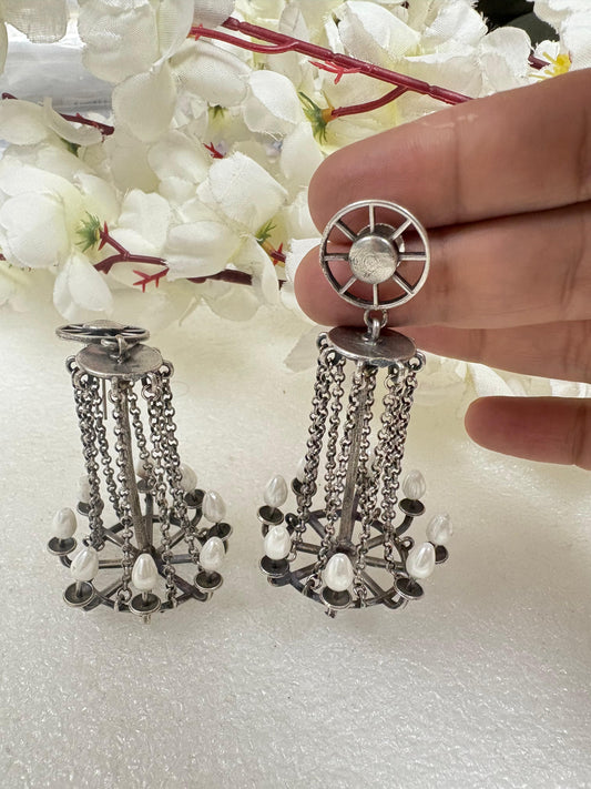 Silver Finish Chandelier Chain Earrings | Handcrafted Brass Statement Drops with Pearl Accents