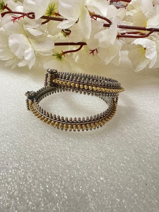 Rajvanshi Veera Dual Tone SLA Openable Kada | Traditional Oxidised Silver & Gold Beaded Bangle | Premium Ethnic Jewellery | Alankrent