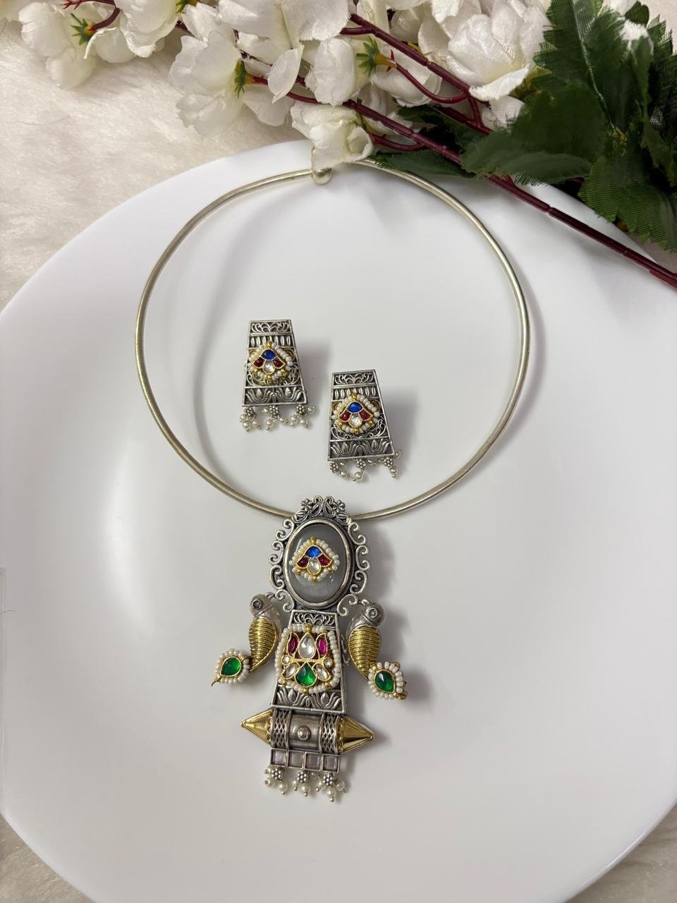 Rajsi Mor SLA Stone Hasli Necklace with Kundan Fusion and Earrings for Women