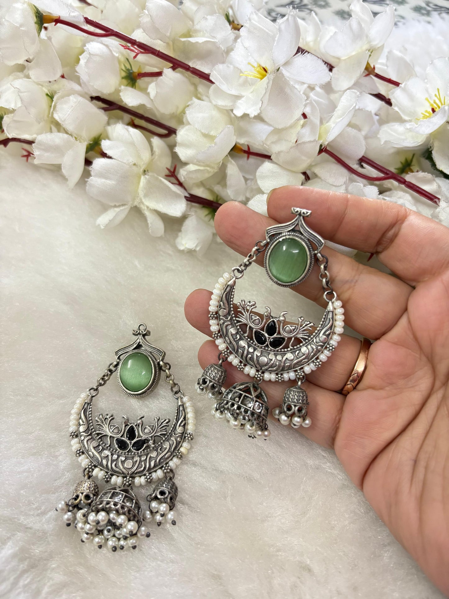 Sla Look Oxidized Chandbali Jhumka Earrings With Pearl Drops Handcrafted Ethnic Statement