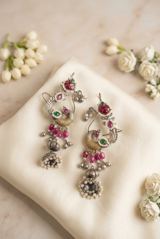 Mayurika Jadau Kundan Peacock Earcuff with Pearl Drop Jhumka