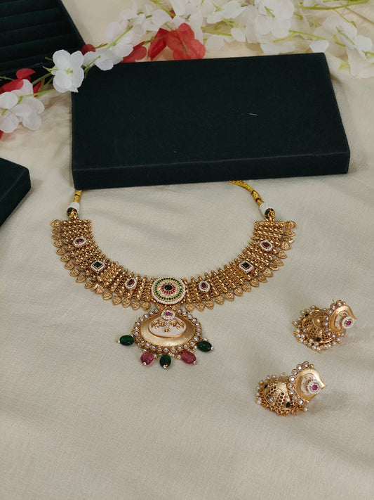 Rajvanshi Gold Lookalike Jadtar Kundan Necklace Set with Meenakari Pendant & Jhumka Earrings | Bridal Jewellery