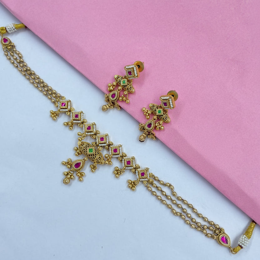 Royal Jadtar Neck-Hugging Choker Set with Pink & Green Stones | Traditional Gold Bridal Choker Alankrent by Alankrent