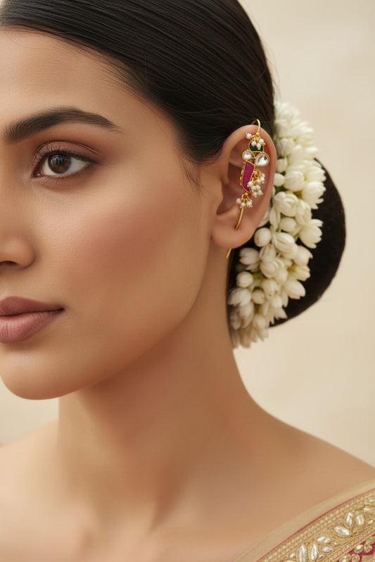 Premium Golden Kundan Needle Earrings with Ruby and Emerald Stones Handcrafted Wedding and Festive Jewellery Alankrent Luxe