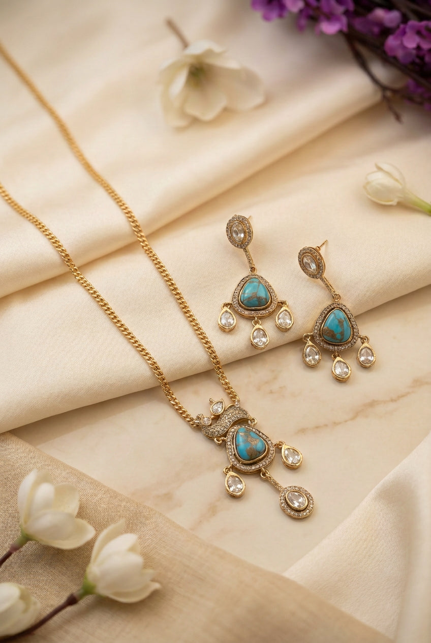 Mayurika Multicolour Moissanite Stone Long Pendant Necklace Set with Earrings