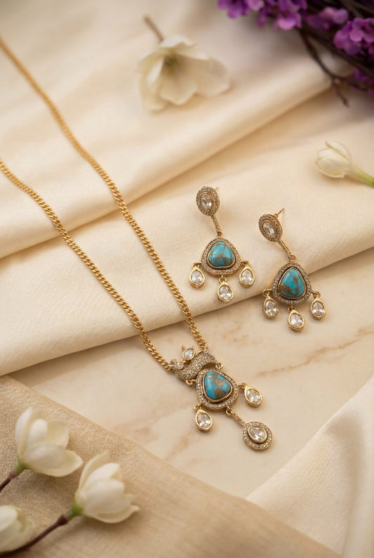 Mayurika Multicolour Moissanite Stone Long Pendant Necklace Set with Earrings