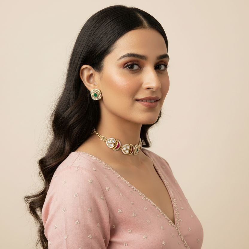 Chandni Gold-Plated Kundan Choker Set with Pearls | Delicate Indian Festive Jewelry