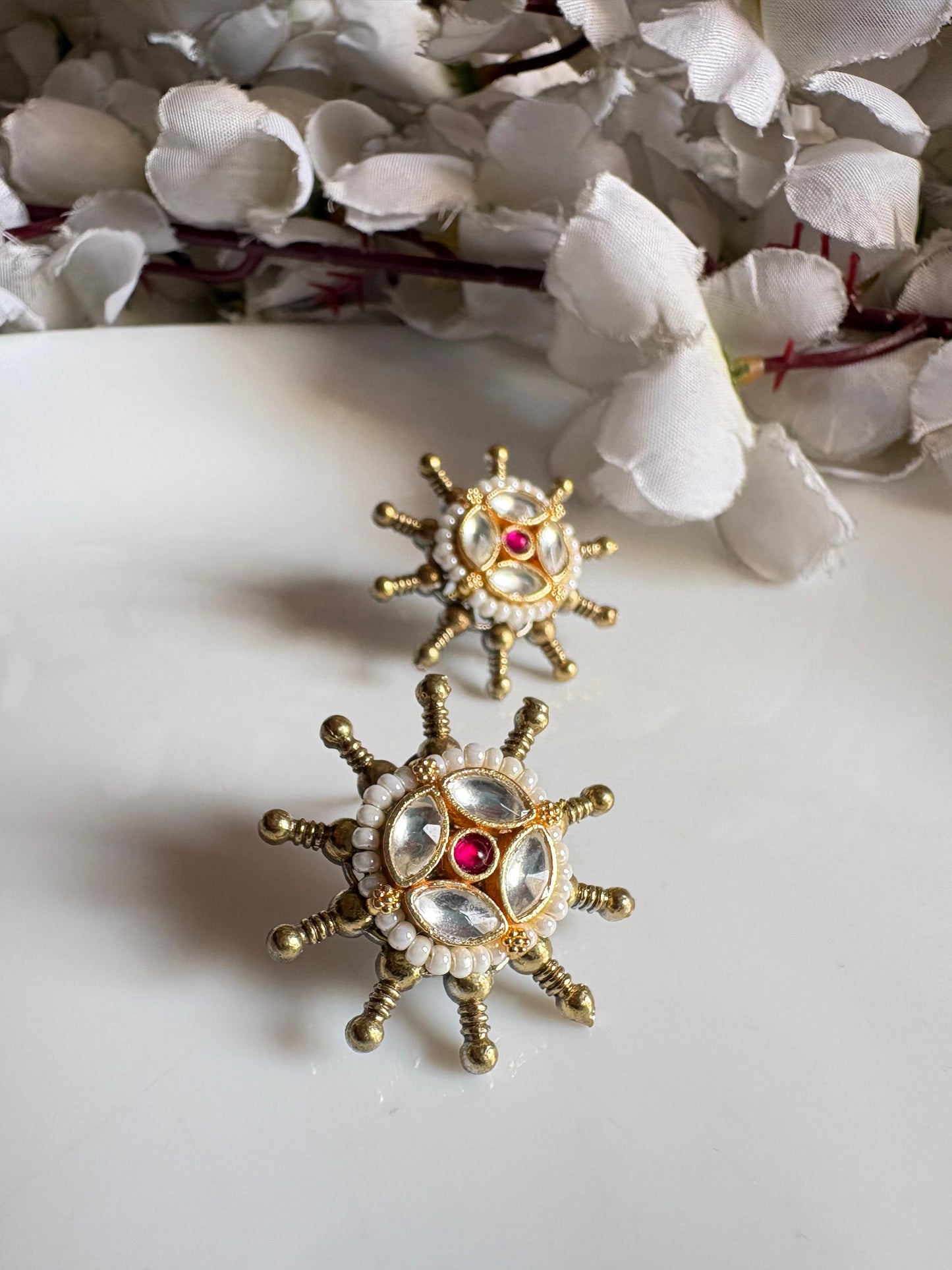 Antique Gold Kundan Fusion Button Earrings with Pearl Detailing | Alankrent