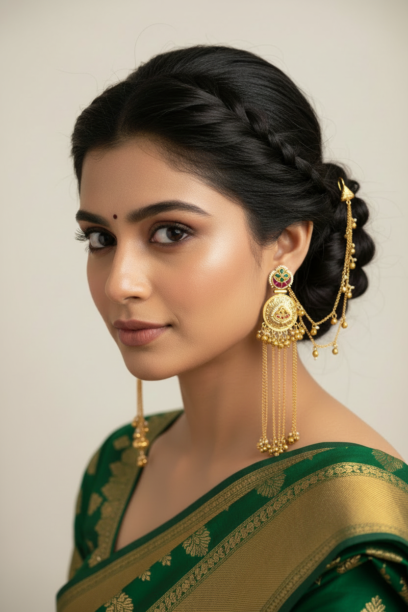 Traditional Kashmiri Earrings with Hair Chain – Gold Polish Bridal Statement Jewellery