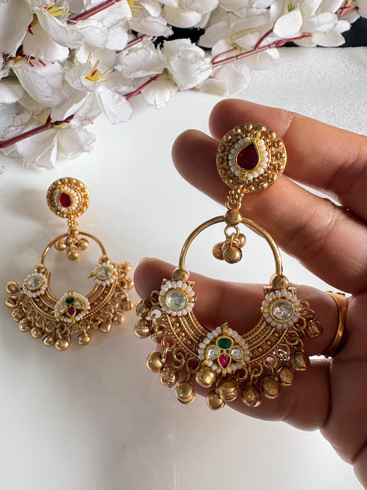 Gold Matt Kundan Chandbali Earrings with Pearl & Stone Detailing | Festive Statement Jewellery