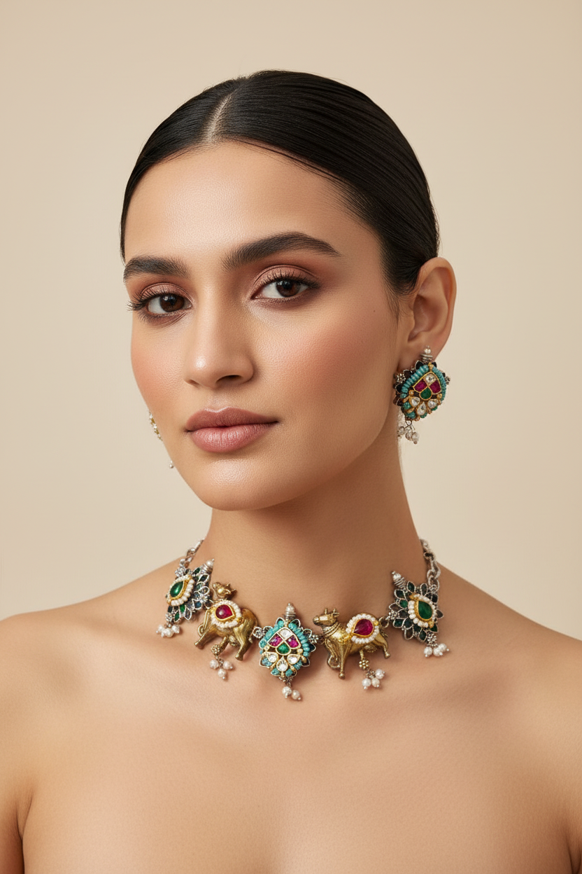 Ready to Ship | Antique Dual Tone Kundan Nandi Choker Set | Silver Look Alike Polish | Handcrafted Brass Base with Multicolour Stones & Pearls – Limited Edition