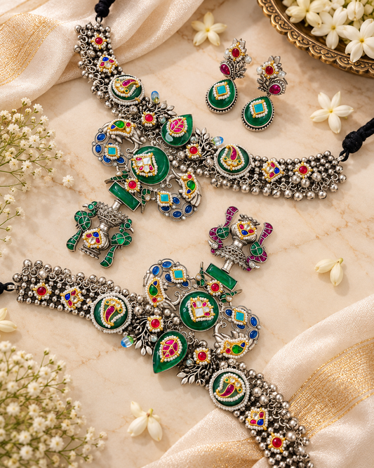 Rajhansini Rangika Multicolour Kundan Meenakari Necklace Set with Matching Earrings | Silver Indian Jewellery