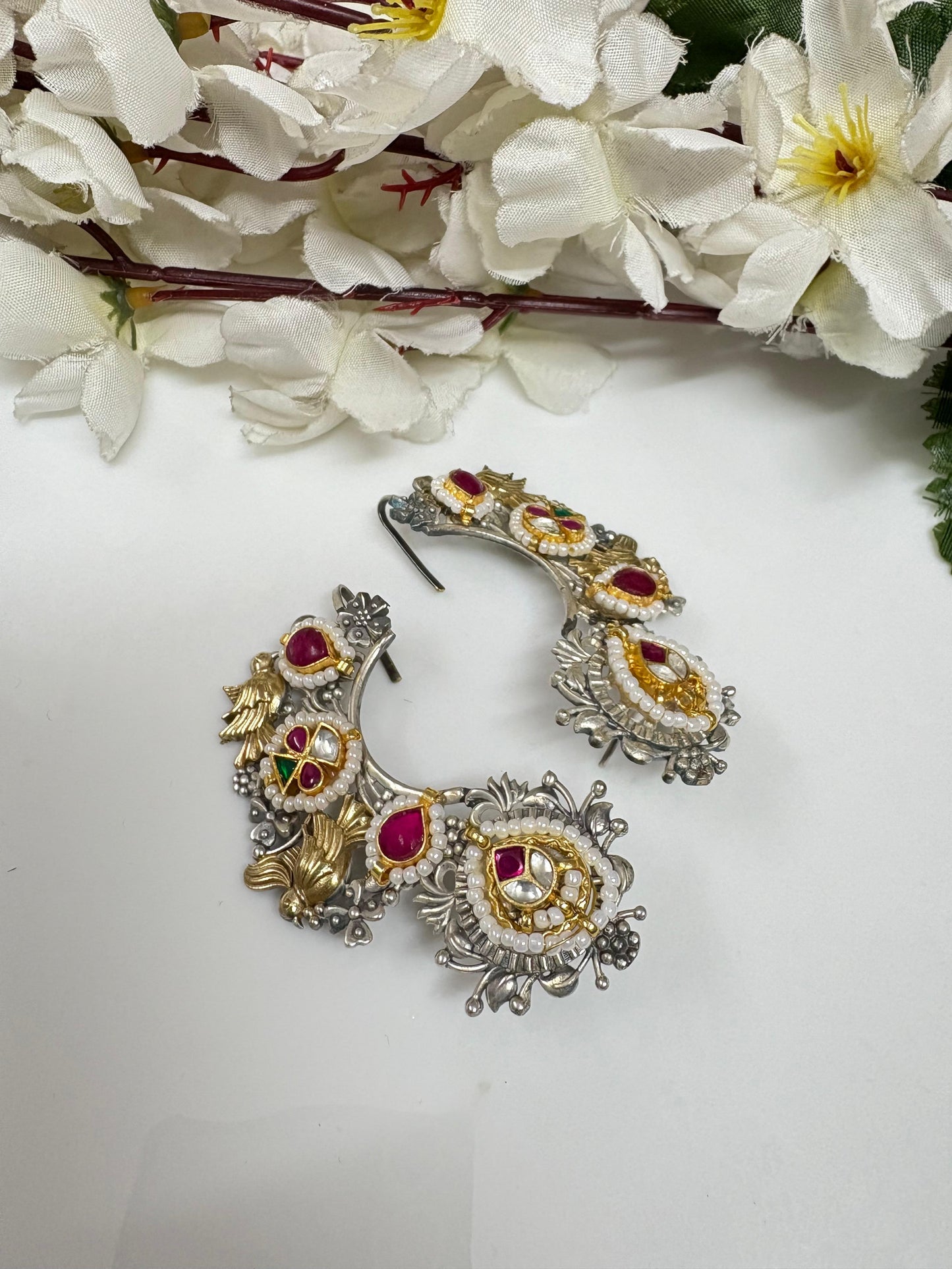 Dual-Tone Kundan Fusion Silver Lookalike Earcuffs