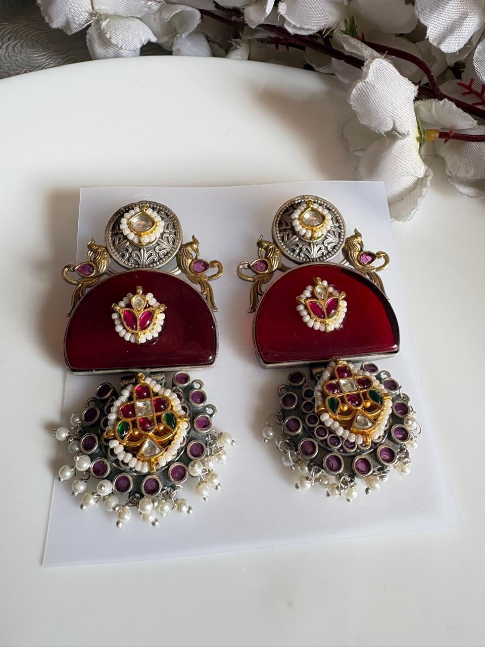 Dual-Tone Kundan Chandelier Earrings with Pearl Drops & Meenakari Accents | Alankrent - Alankrent Luxe